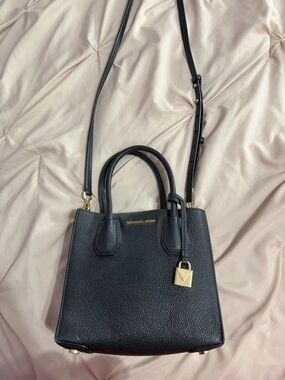 Michael Kors Black Pebbled Leather Satchel with Gold Padlock